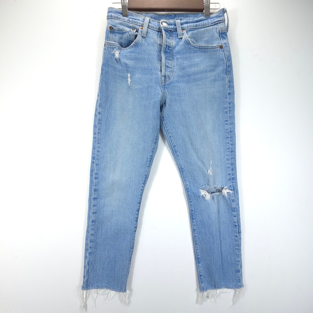 Levis Womens Jeans 501 Skinny Distressed Cotton Light Blue W27 L28 Raw Hem